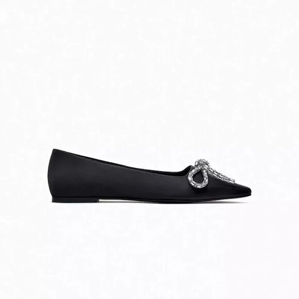 ZARA Rhinestone Bow Pointed Toe Ballet Flats NWT Black Size 7.5